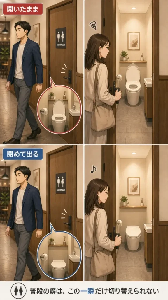 男女共用トイレで、男性が退出した直後に女性が入る場面を、便器の蓋が開いたままの場合と閉じてある場合で比較した図。男性が普段の癖のまま蓋を開けて出ると、次に入った女性の視界にその状態がそのまま入ることを示している。