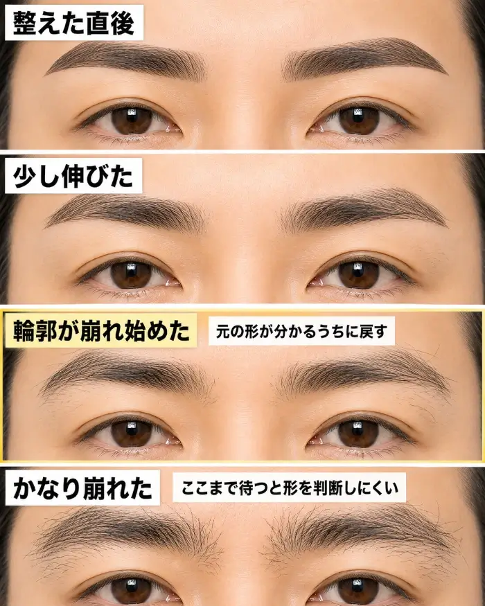男性の眉が整えた直後から徐々に伸び、輪郭が崩れていく4段階を比較し、元の形が分かるうちに手入れするタイミングを示した画像。