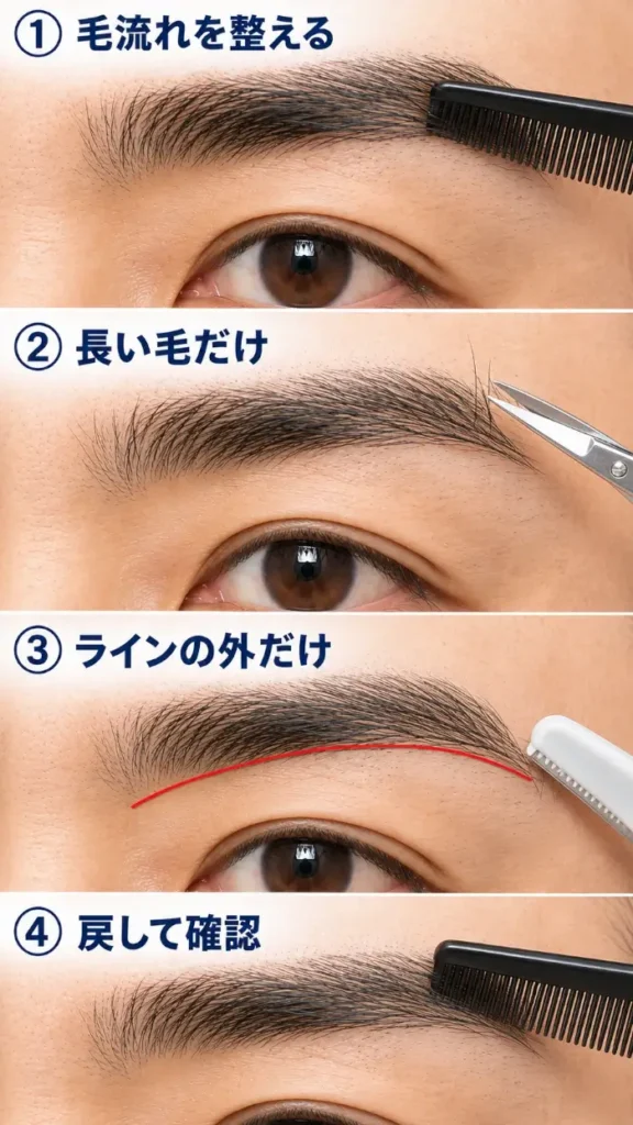 男性の眉を大きく拡大し、コームで毛流れを整える、飛び出した長い毛だけをハサミで切る、赤い境界線より外の毛だけをシェーバーで処理する、最後に毛流れを戻して確認する4段階を示した画像。