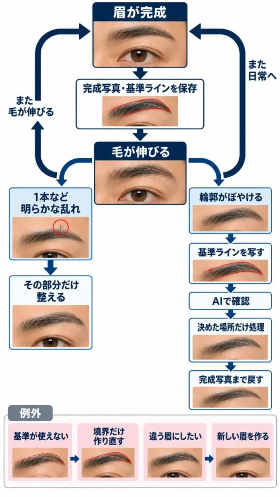 眉が完成したら完成写真と基準ラインを保存し、毛が伸びた後は1本などの小さな乱れだけを整える場合と、輪郭がぼやけたら基準ラインを写してAIで確認し、決めた場所だけ処理して完成状態へ戻す場合に分岐する眉メンテナンスの循環図。