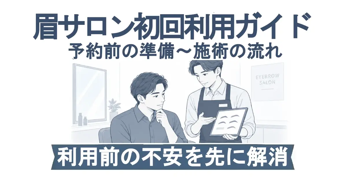 「眉サロン初回利用ガイド」の記事アイキャッチ。男性が眉サロンのスタッフからタブレットを使って眉デザインの説明を受けている様子を中央に描き、予約前の準備から施術までの流れを把握して利用前の不安を減らす記事であることを表現している。