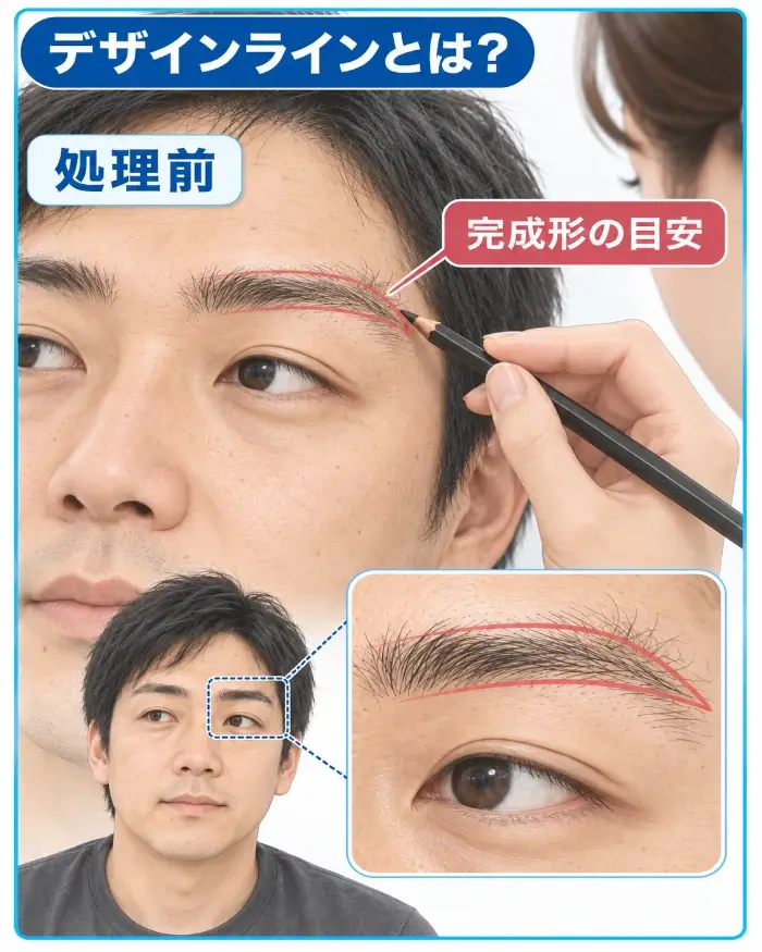 眉サロンで施術前の男性の片眉に担当者がペンシルでデザインラインを描いている図。まだ長い毛や輪郭外の毛が残った未処理の眉に赤い線で完成形の目安となる縁取りを示し、下部の拡大図でも赤いラインの外側や線上に実際の眉毛が残っている状態を確認できるようにしている。