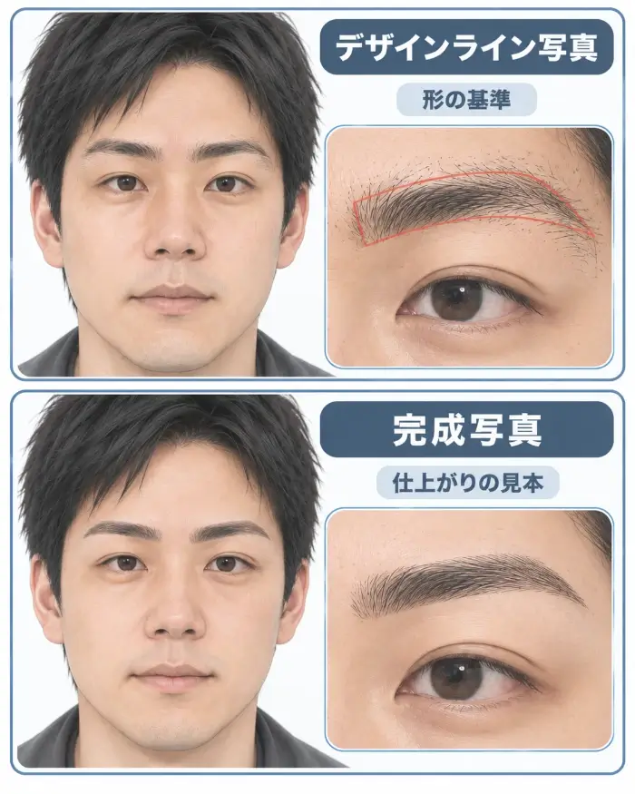 同じ33歳前後の男性を上下同じ正面画角で比較し、上段は施術前の未処理眉に下段の完成眉と同じ外形になる赤いデザインラインを描いた状態、下段はそのラインを基準に不要毛や長い毛を整えた施術直後の完成眉を示した図。上段にはデザインライン写真と形の基準、下段には完成写真と仕上がりの見本と表示し、施術前のライン写真と施術後の完成写真がそれぞれ何を確認するための写真なのかを比較している。