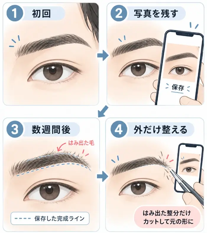 眉サロンで整えた眉を写真に残し、数週間後に保存した完成ラインを重ね、輪郭からはみ出して伸びた毛だけを処理して元の形へ戻す流れを4段階で示した図