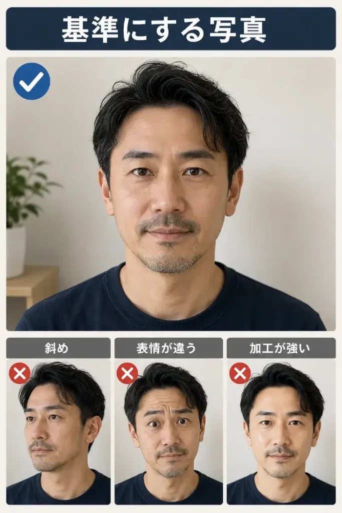 眉の試着に使う顔写真の例。正面に近い自然な表情の写真を基準とし、斜め向き・普段と違う表情・強い美顔加工の写真は比較に向かないことを示している。