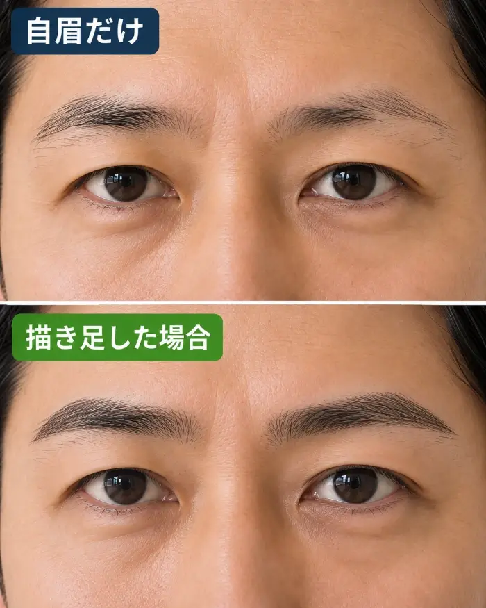 同じ男性の眉を上下で比較し、上は自眉だけで眉尻が薄く短い状態、下は足りない部分を描き足して形を整えた状態を示した画像。