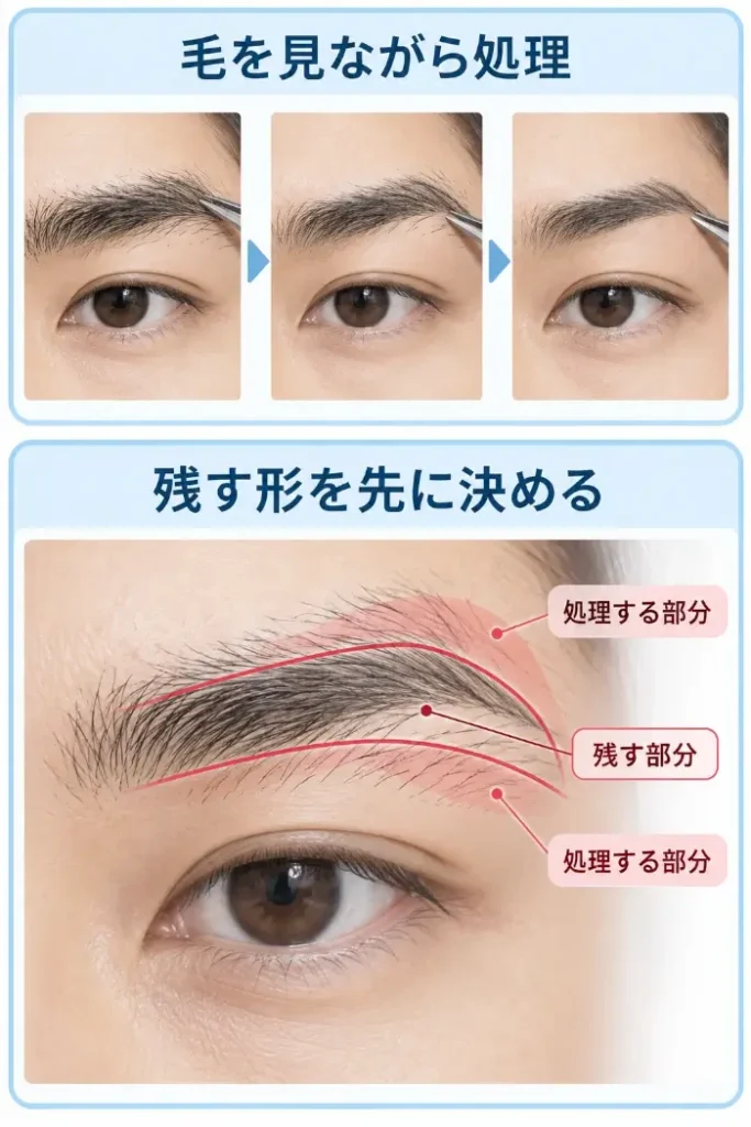 眉毛を整える順番の違いを上下2段で示した図。上段は残す形を決めないまま目についた毛を少しずつ処理し、同じ眉が段階的に細くなっていく様子、下段は未処理の眉に赤い輪郭線で先に残す形を描き、線の内側を残す部分、上下の外側を処理する部分として分けた状態を示している。