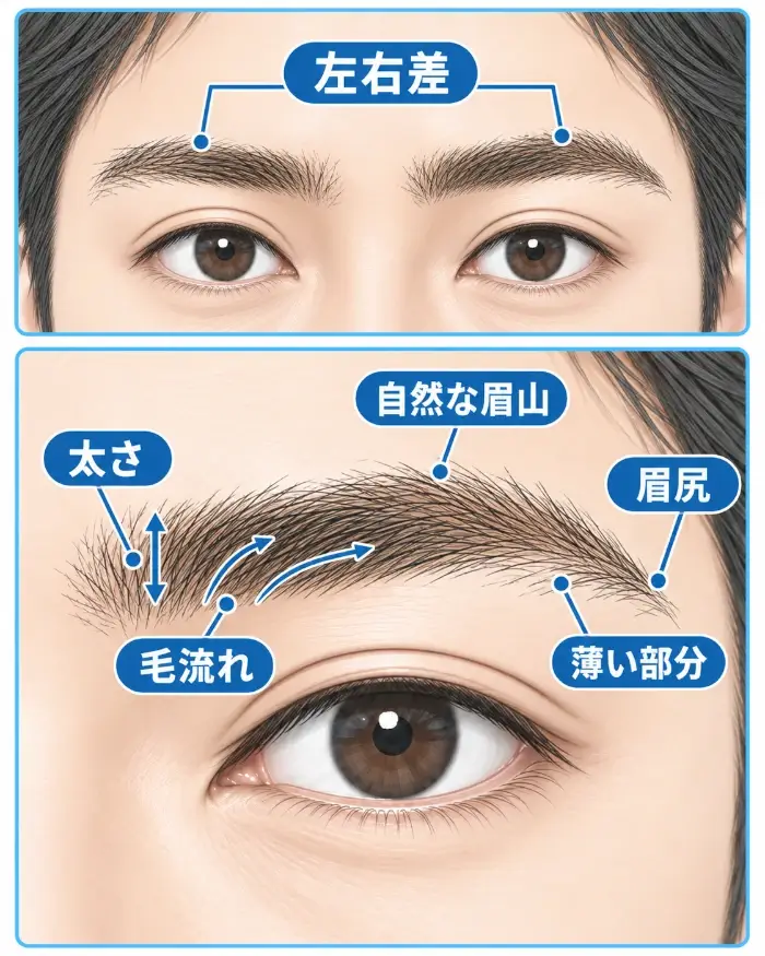 今生えている自眉を観察するときのポイントを上下2段で示した図。上段は正面から両眉を見せ、左右で眉山の位置や眉尻の長さなどにわずかな違いがある状態を左右差として示し、下段は同じ男性の片眉を大きく拡大して、現在の太さ、自然に高くなっている眉山、眉尻、毛が少なく見える部分、眉頭から中央・眉尻へ向かう毛流れを指示線と矢印で示している。