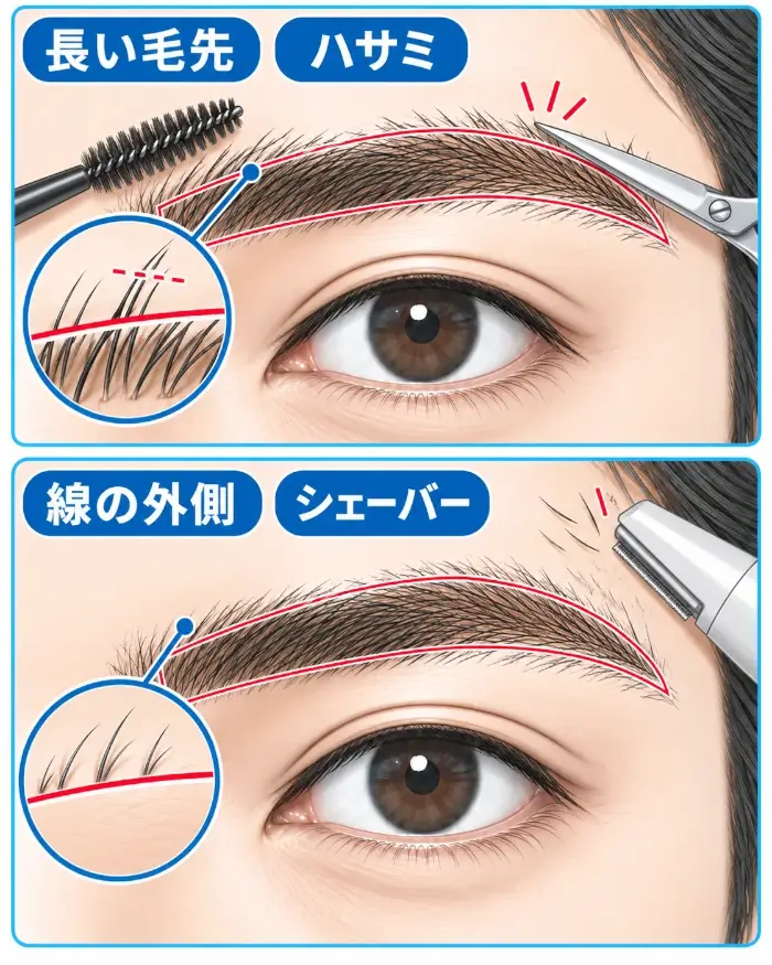 同じ男性の同じ片眉を上下2段で示し、ハサミとシェーバーで処理する対象の違いを比較した図。上段は赤い残す輪郭線の内側から生えている毛のうち、根元は内側にありながら毛先だけが上のラインから長く飛び出している状態を、ブラシで毛流れを整えたうえで小型ハサミで切る様子として示している。下段は同じ赤い輪郭線を使い、今度は毛の根元そのものが線の外側にある毛だけを、輪郭の内側には触れずシェーバーで処理する様子として示している。どちらも拡大円で、上段は線の内側に根元がある長い毛先、下段は線の外側に生えている毛そのものを強調している。