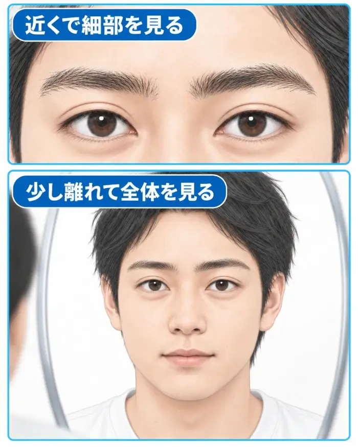 眉毛を整え終えた同じ男性を上下2段で比較した図。上段は顔を鏡へ近づけて目元と眉だけを大きく見ている状態で、整った眉にも残るわずかな左右差や細かな毛の違いが目につきやすい様子を示し、下段は同じ完成眉のまま鏡から少し離れ、髪型、両目、鼻、顔の輪郭まで含めた顔全体を正面から確認している状態を示している。上段に「近くで細部を見る」、下段に「少し離れて全体を見る」と表示し、眉単体の細かな差を追い続けるのではなく、普段に近い距離から顔全体のまとまりを見てセルフケアの終了を判断する考え方を表している。